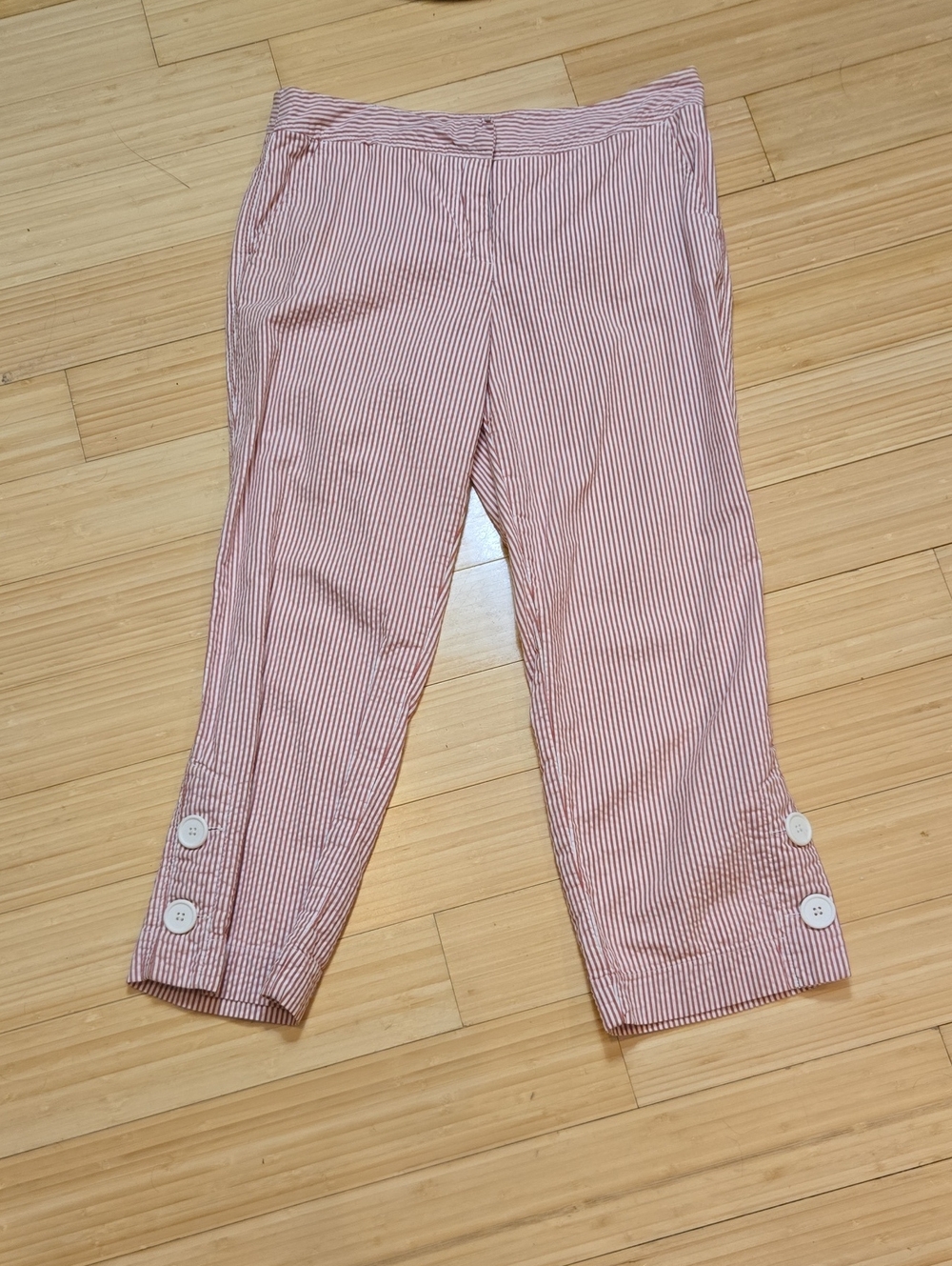 elevenses Vintage Pink & White Seersucker Striped Capri Pants with Button Cuff